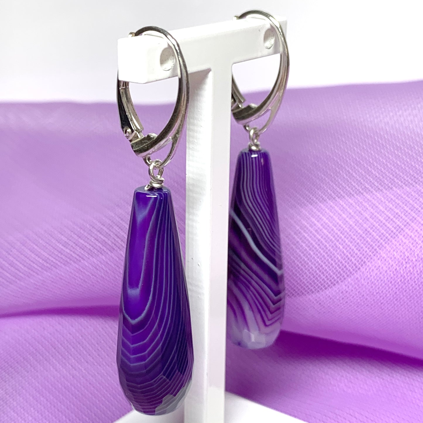 Purple agate teardrop shaped long drop earrings