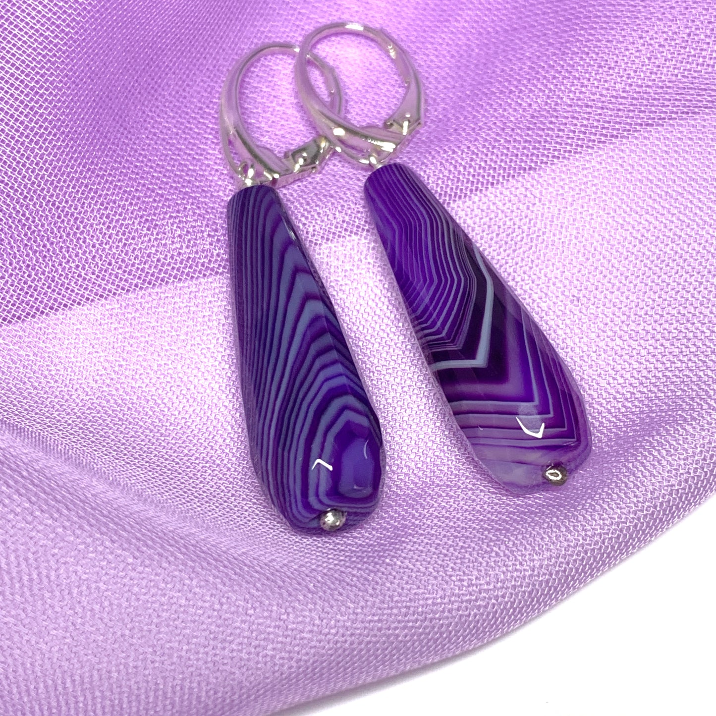 Purple agate teardrop shaped long drop earrings