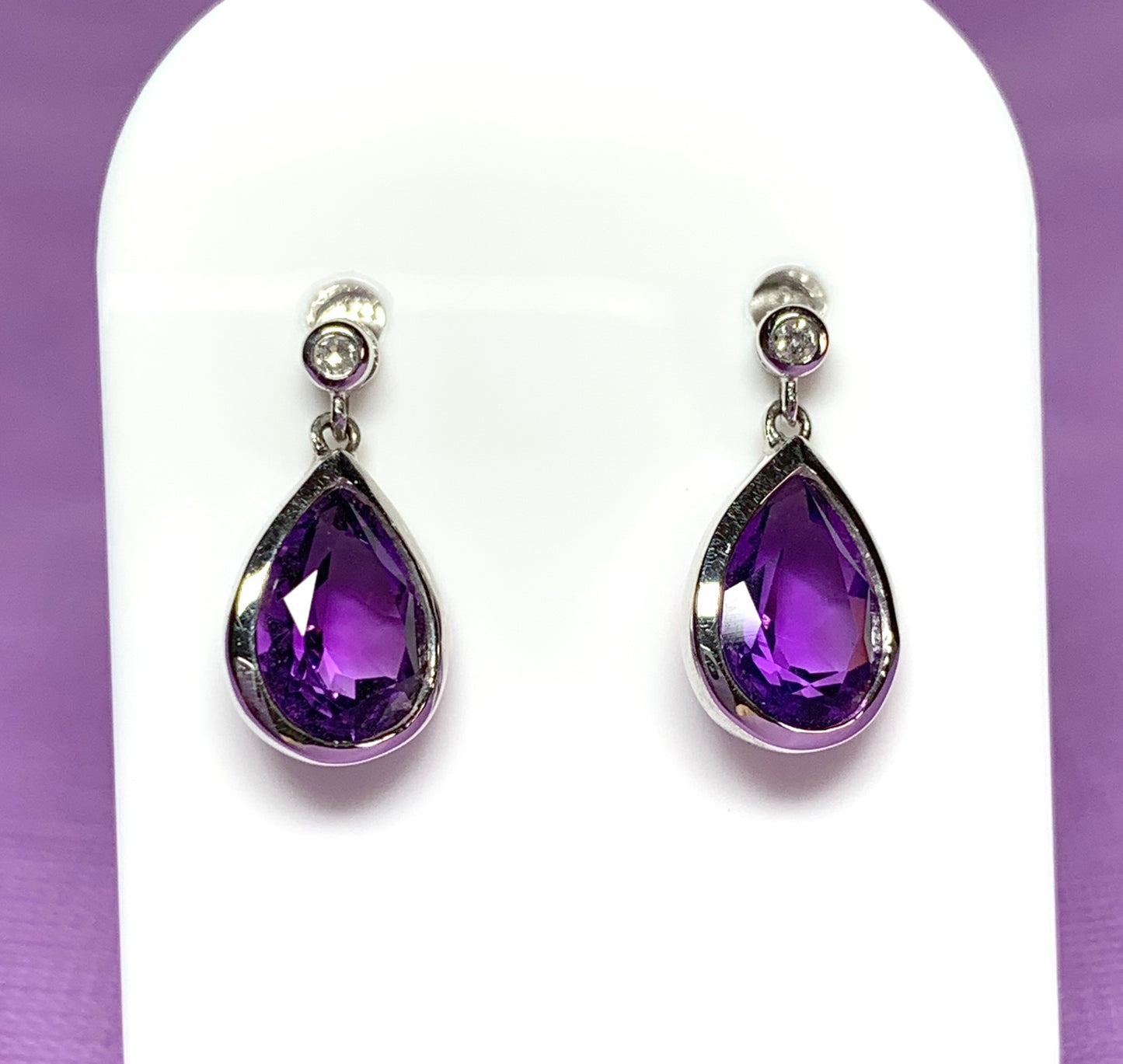 Real purple amethyst and diamond white gold pear drop earrings