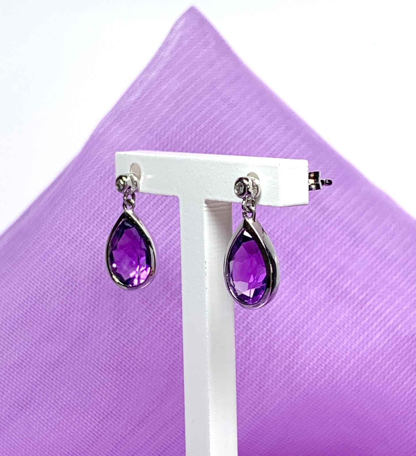 Real purple amethyst and diamond white gold pear drop earrings