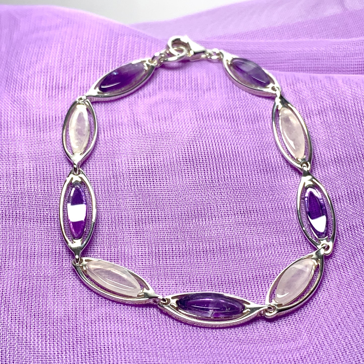 Purple amethyst and pink mother of pearl sterling silver marquise bracelet