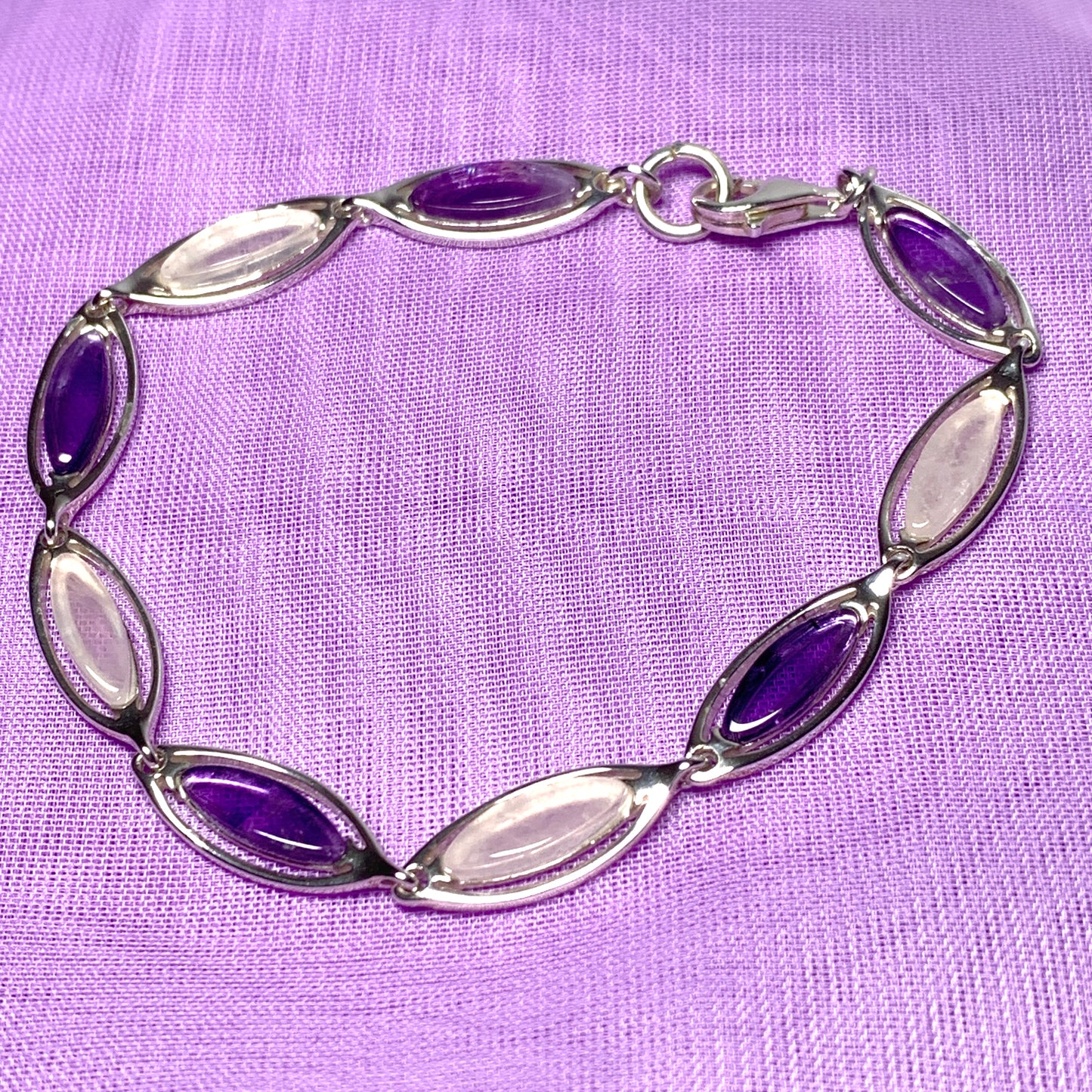 Purple amethyst and pink mother of pearl sterling silver marquise bracelet