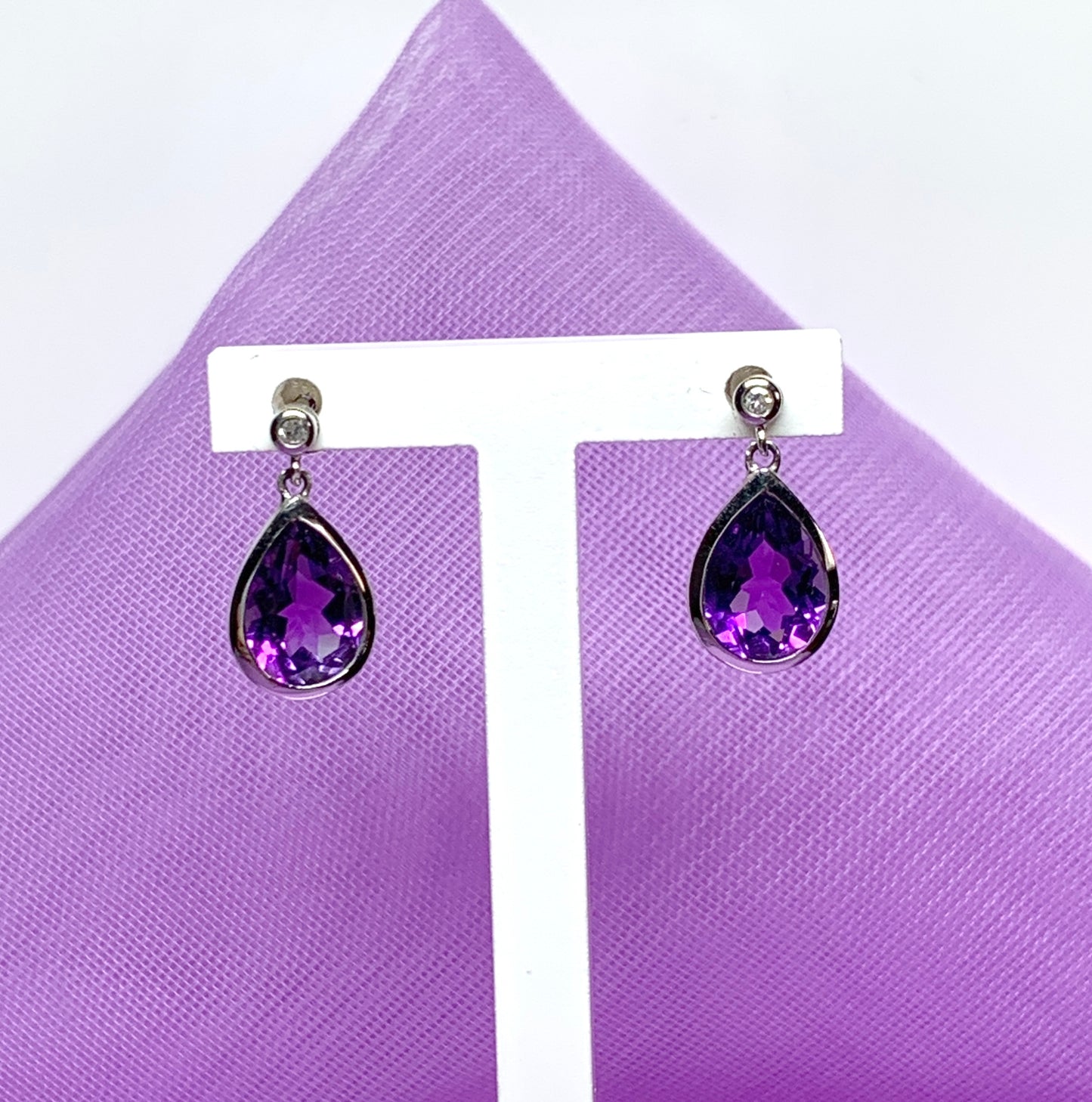 Real purple amethyst and diamond white gold pear drop earrings