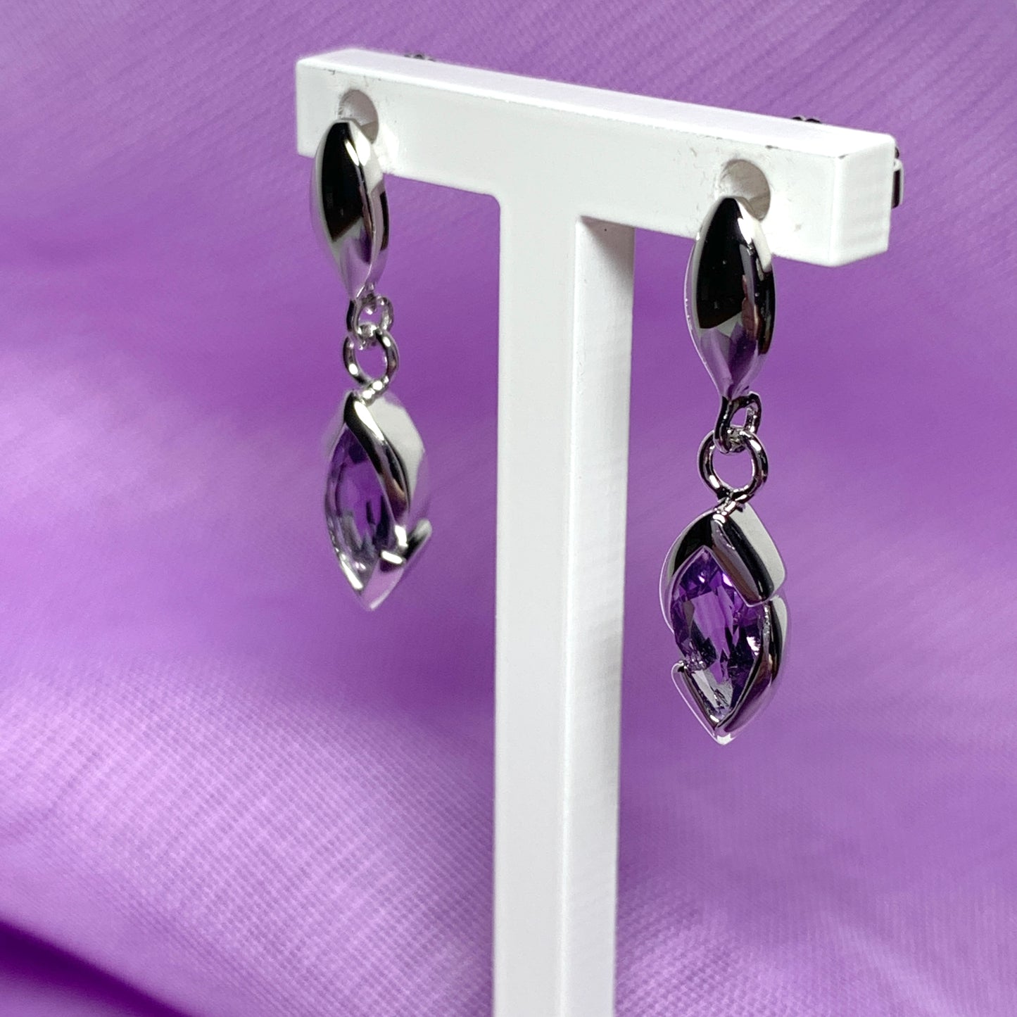 Purple real amethyst sterling silver marquise drop earrings