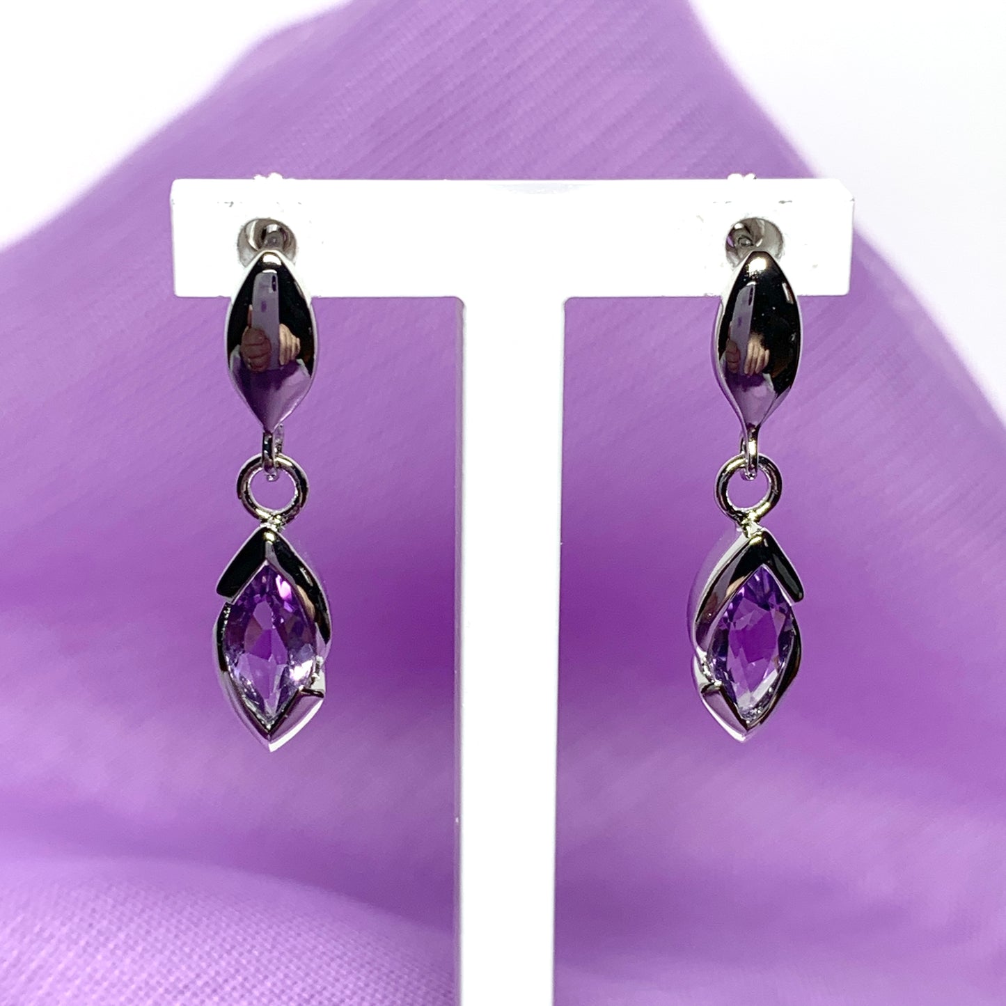 Purple real amethyst sterling silver marquise drop earrings