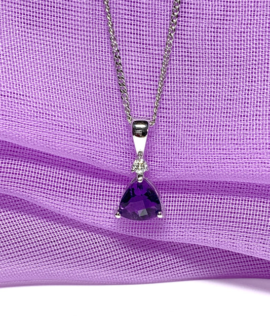 Purple amethyst white gold triangle necklace