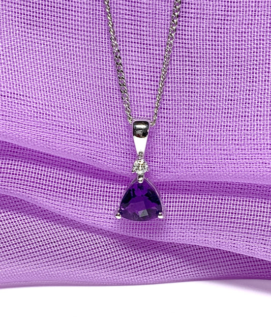 Purple triangle amethyst and diamond white gold necklace pendant