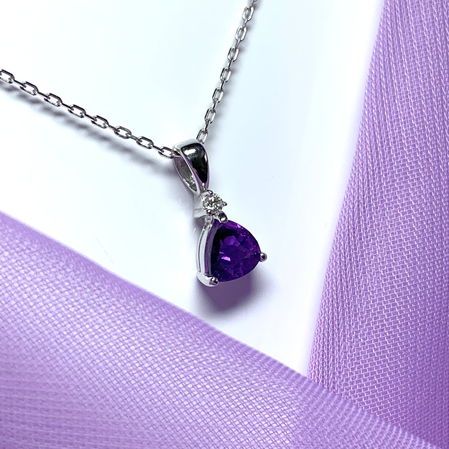 Purple amethyst white gold triangle necklace