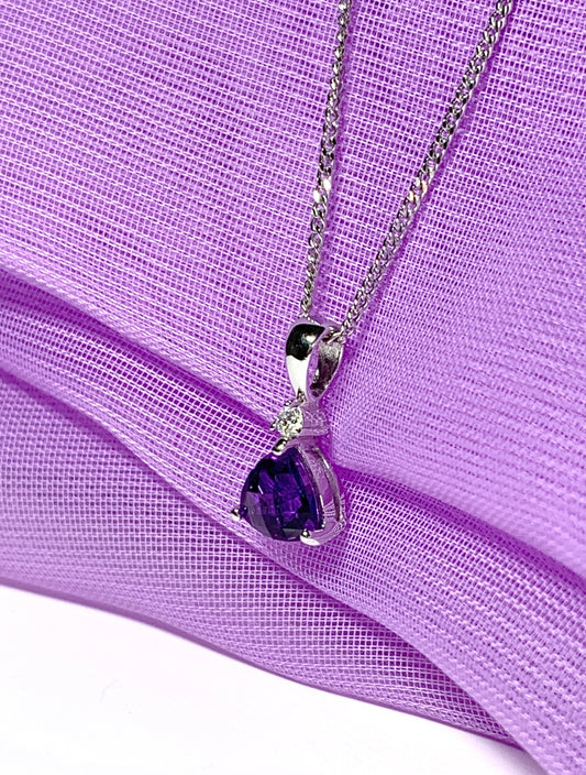 Purple triangle amethyst and diamond white gold necklace pendant