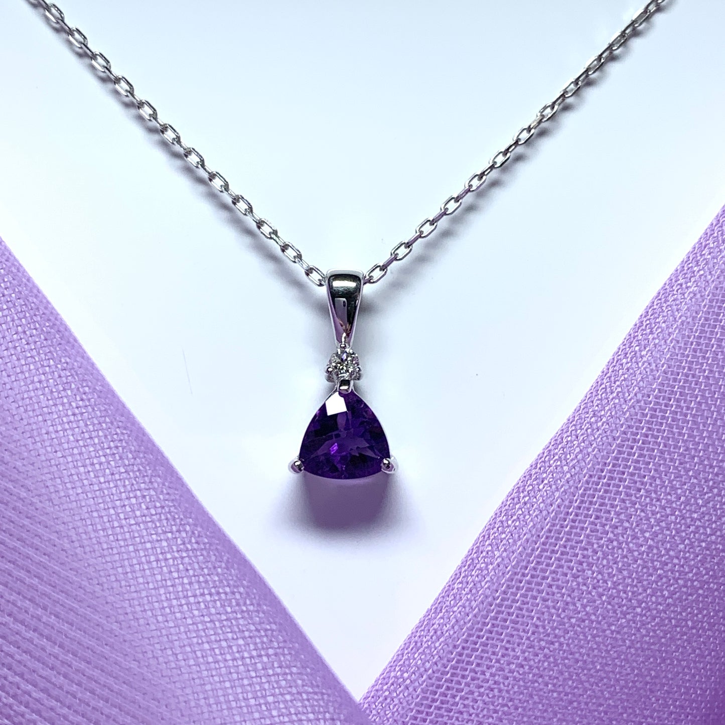 Purple amethyst white gold triangle necklace