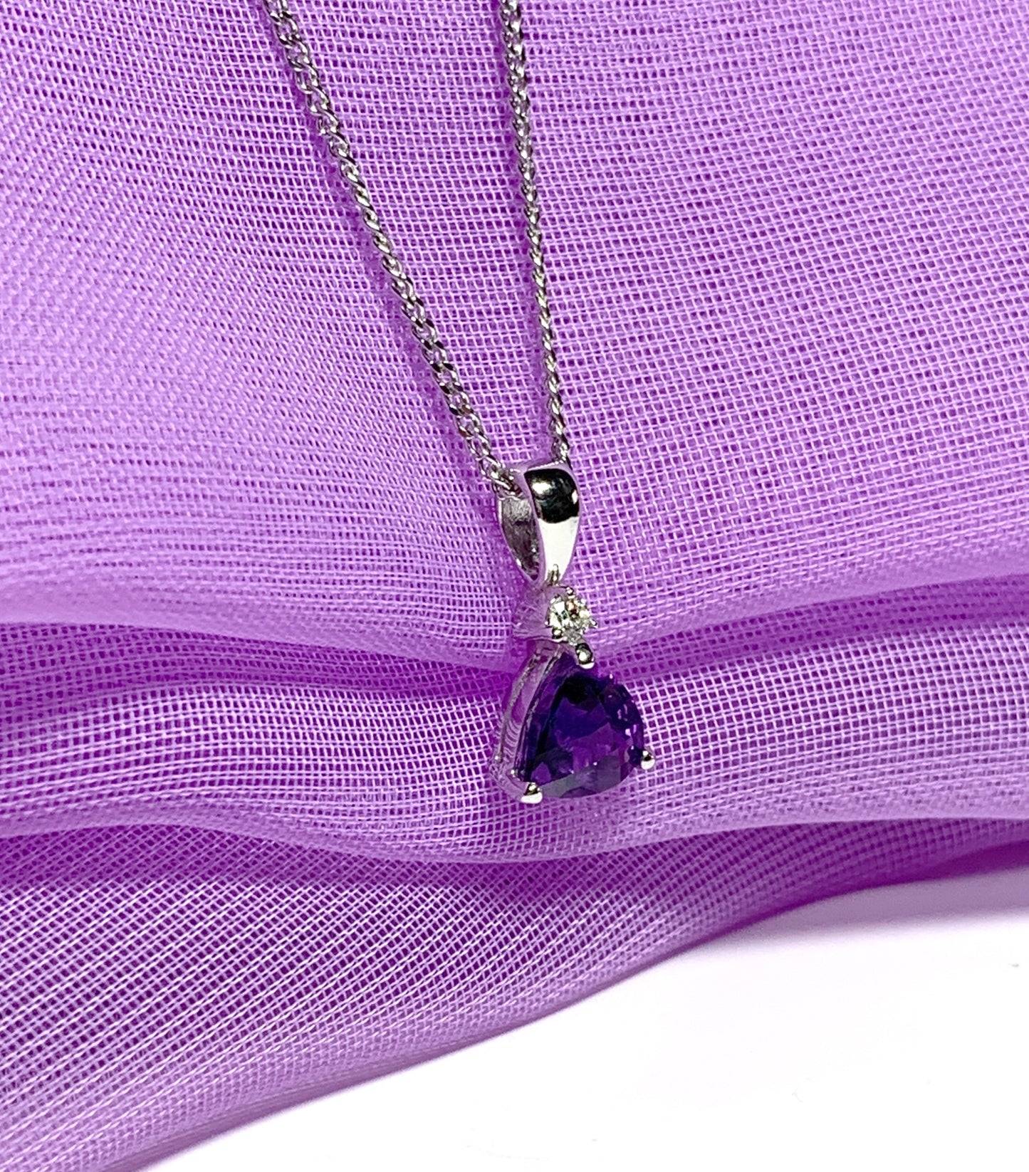 Purple triangle amethyst and diamond white gold necklace pendant