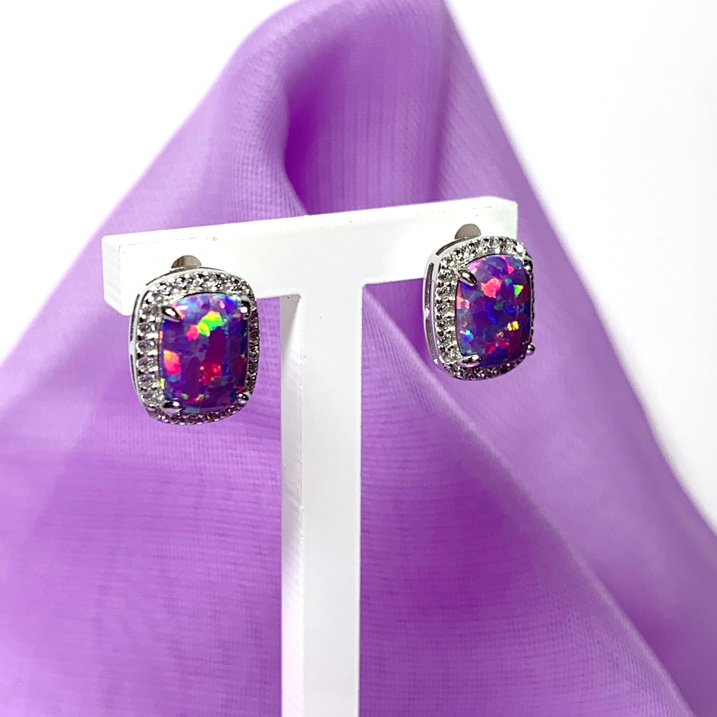 Purple opal earrings stud square sterling silver cubic zirconia