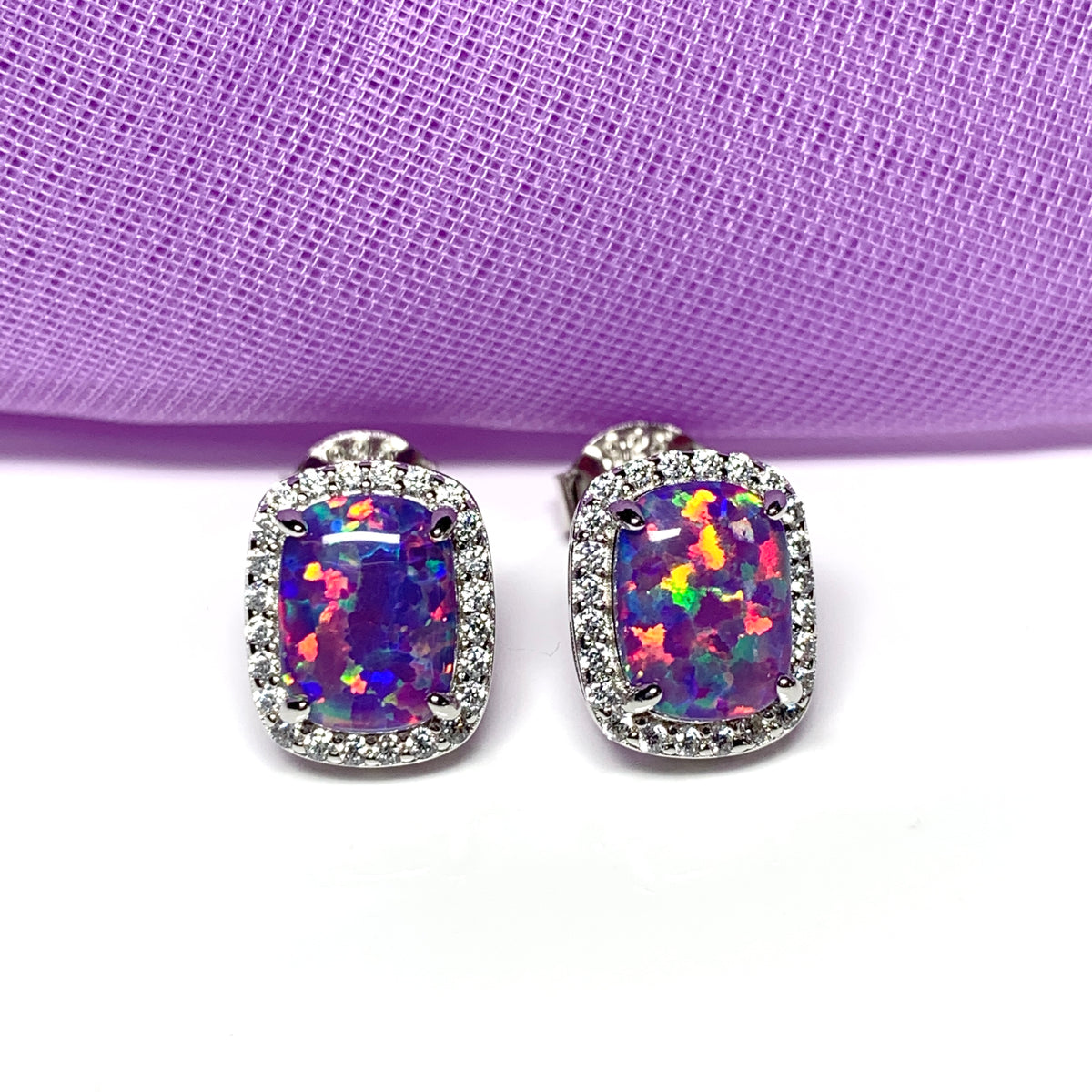 Purple opal earrings stud square sterling silver cubic zirconia