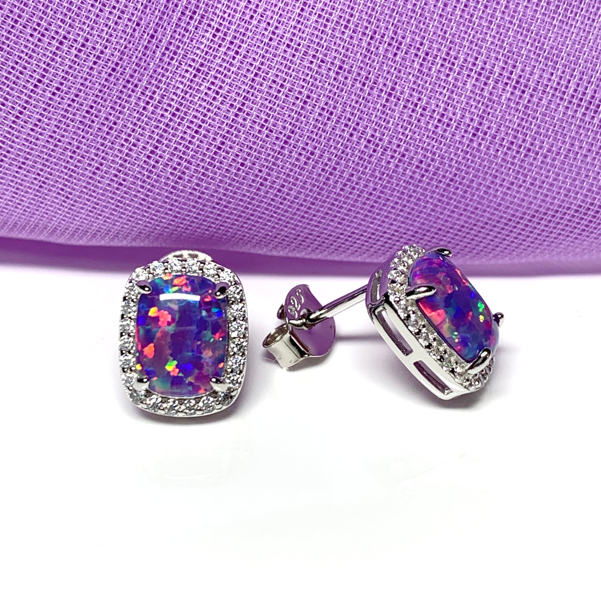 Purple opal earrings stud square sterling silver cubic zirconia
