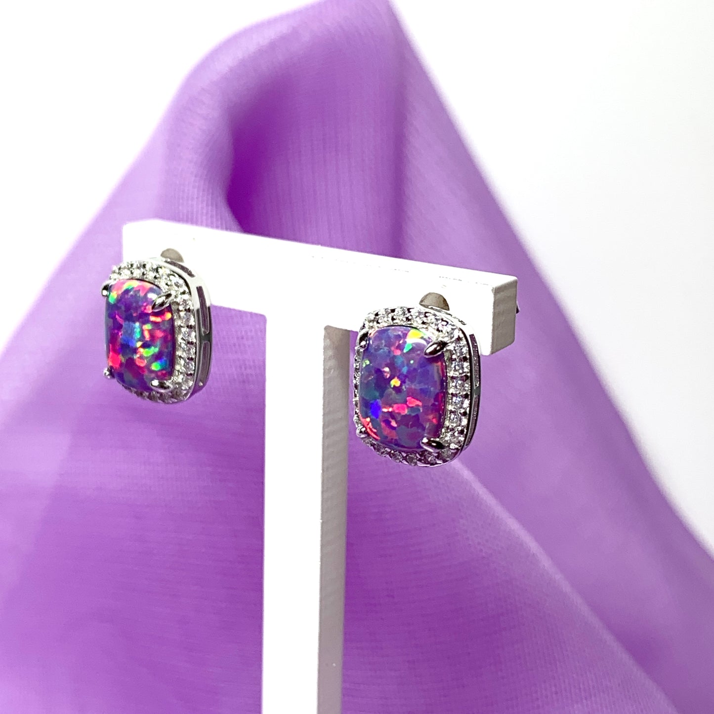 Purple opal earrings stud square sterling silver cubic zirconia