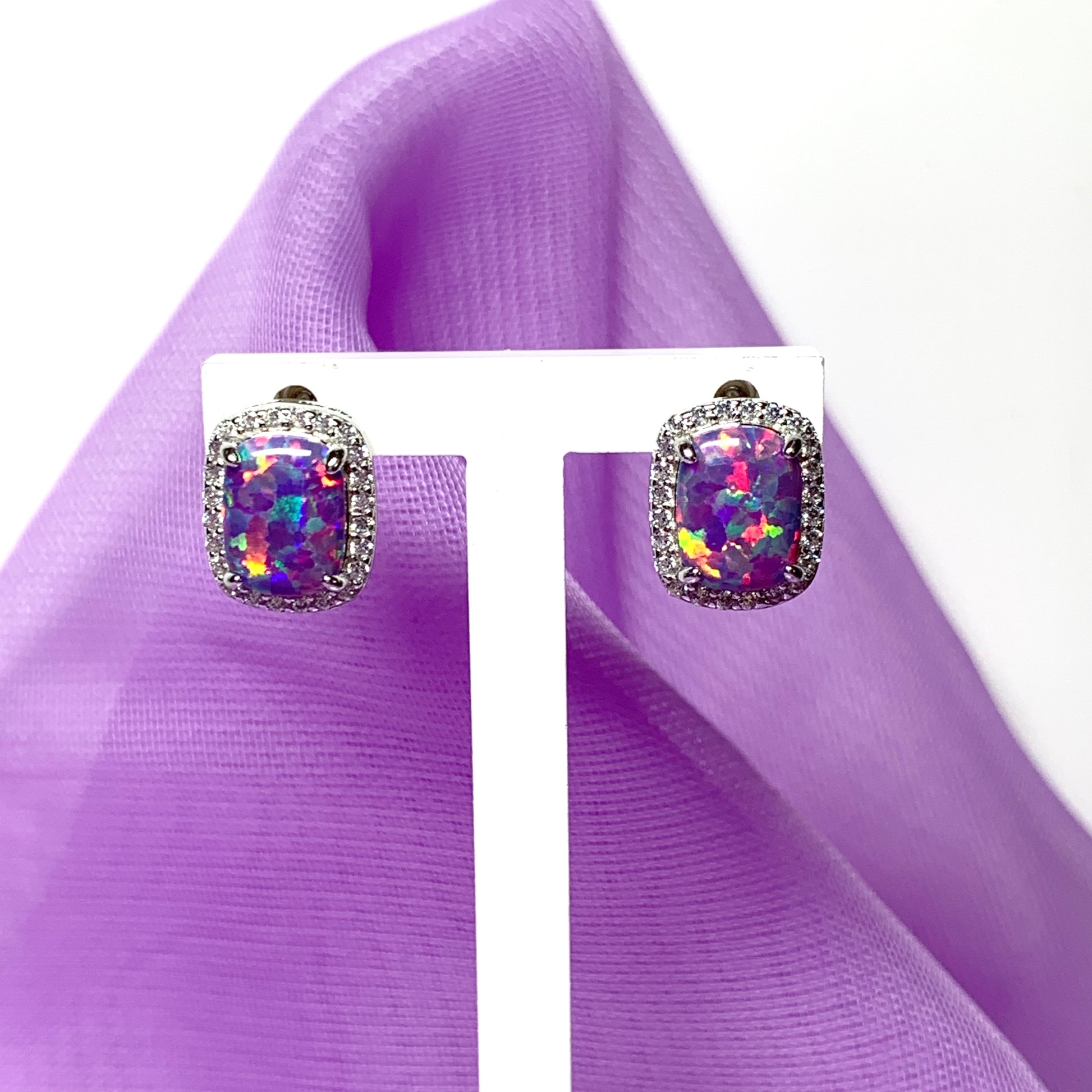 Purple opal earrings stud square sterling silver cubic zirconia