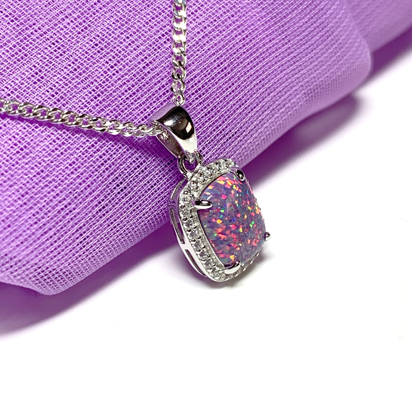 Purple opal necklace square sterling silver and cubic zirconia pendant