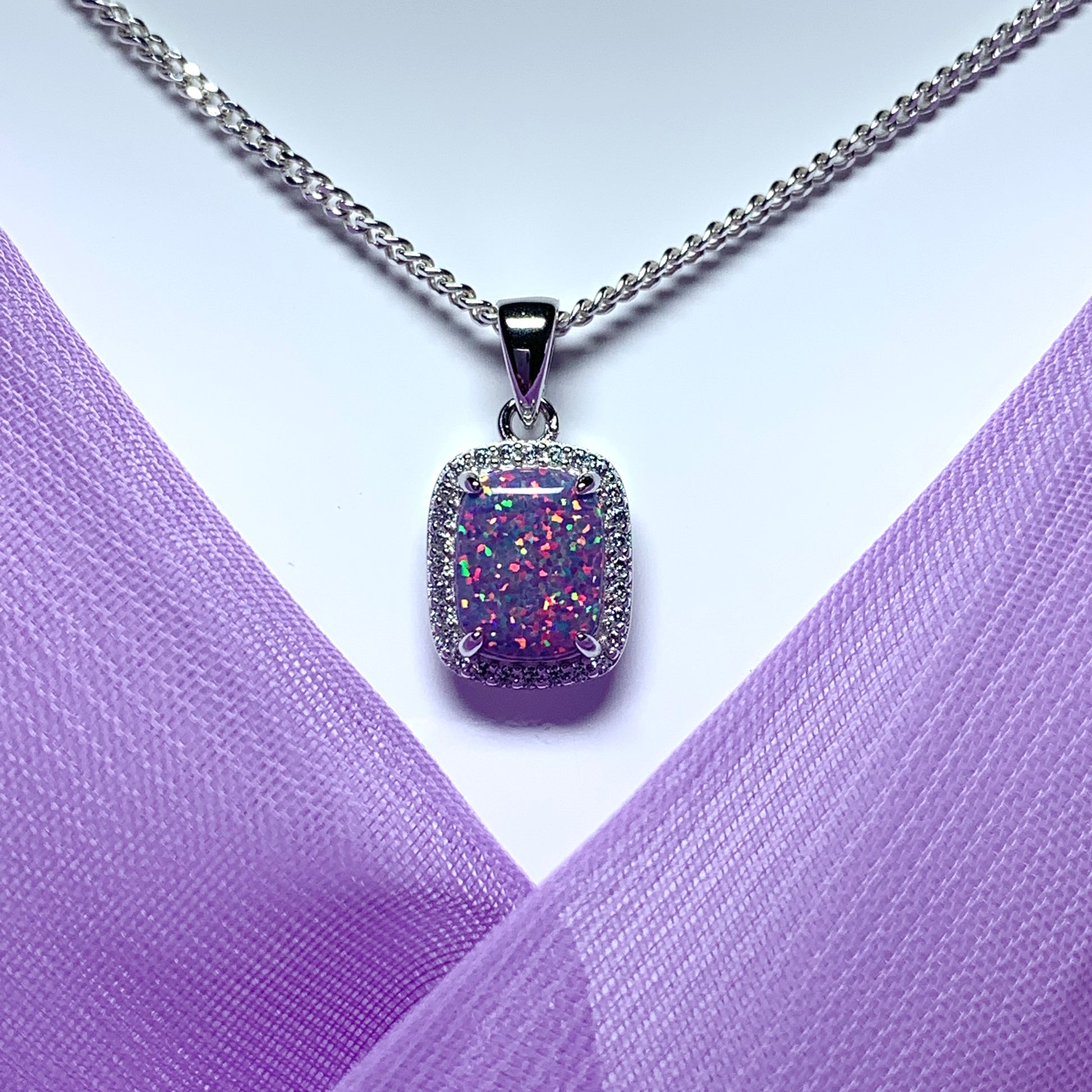 Purple opal necklace square sterling silver and cubic zirconia pendant