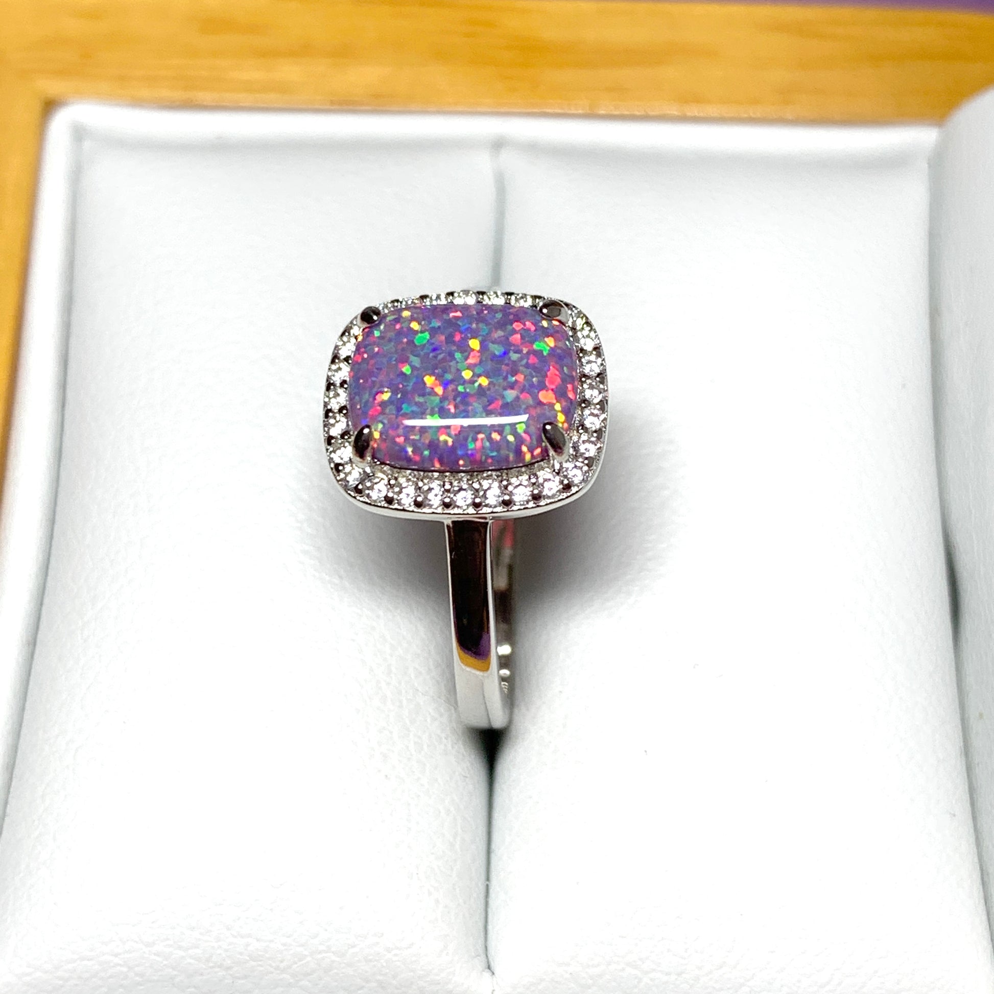 Purple opal ring cluster square sterling silver cubic zirconia