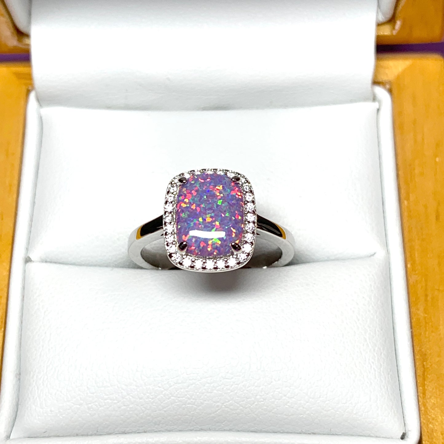 Purple opal ring cluster square sterling silver cubic zirconia