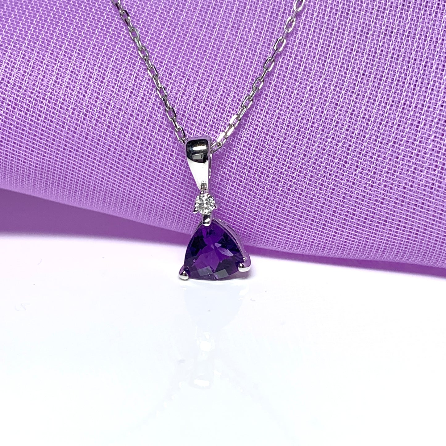 Purple amethyst white gold triangle necklace