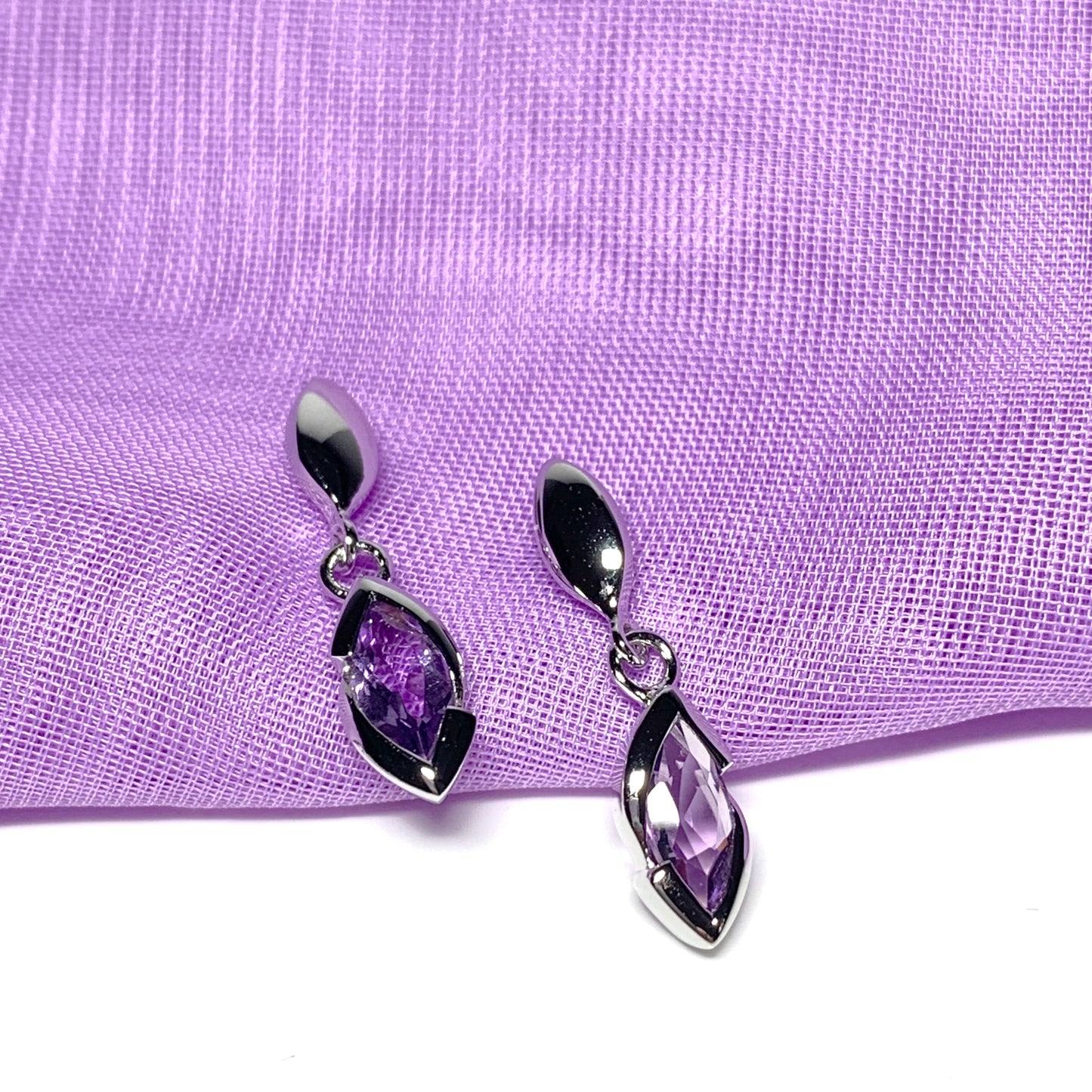 Purple real amethyst sterling silver marquise drop earrings