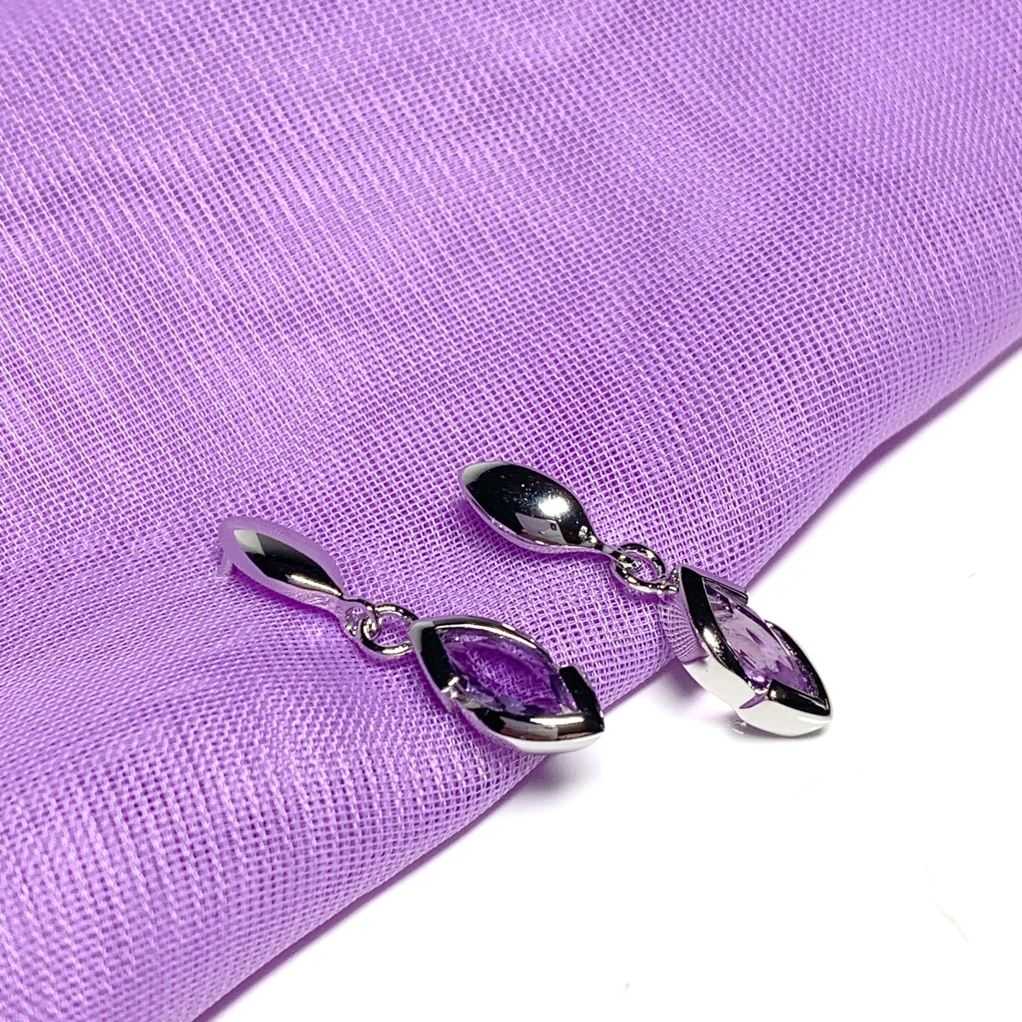 Purple real amethyst sterling silver marquise drop earrings