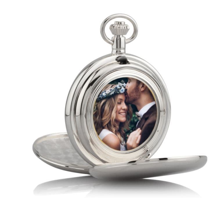 Quartz Silver Plated Plain Pocket Watch With Chain Roman Numeral With Photograph Space