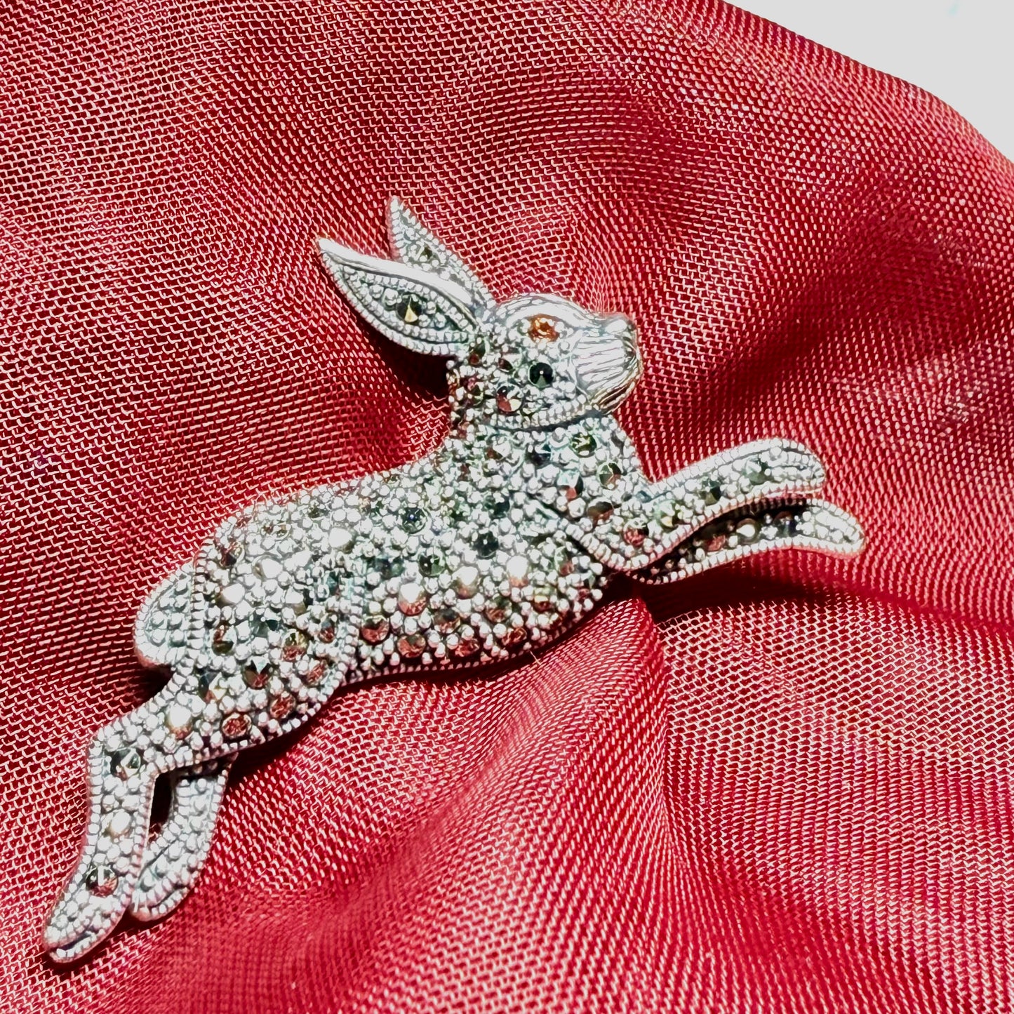 Rabbit hare running brooch marcasite and garnet