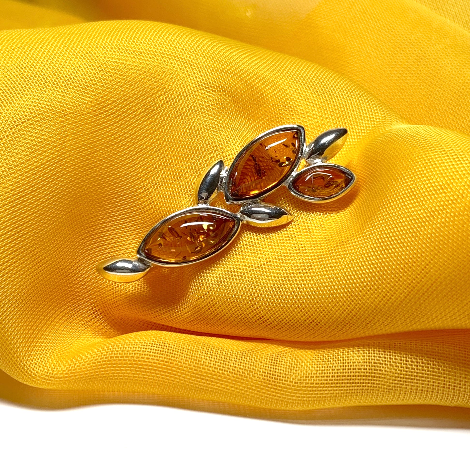 Real amber brooch sterling silver marquise shaped