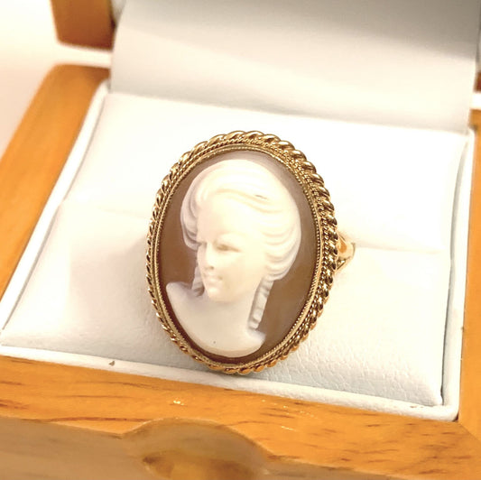 Real Cameo Shell Cocktail Dress Ring Yellow Gold