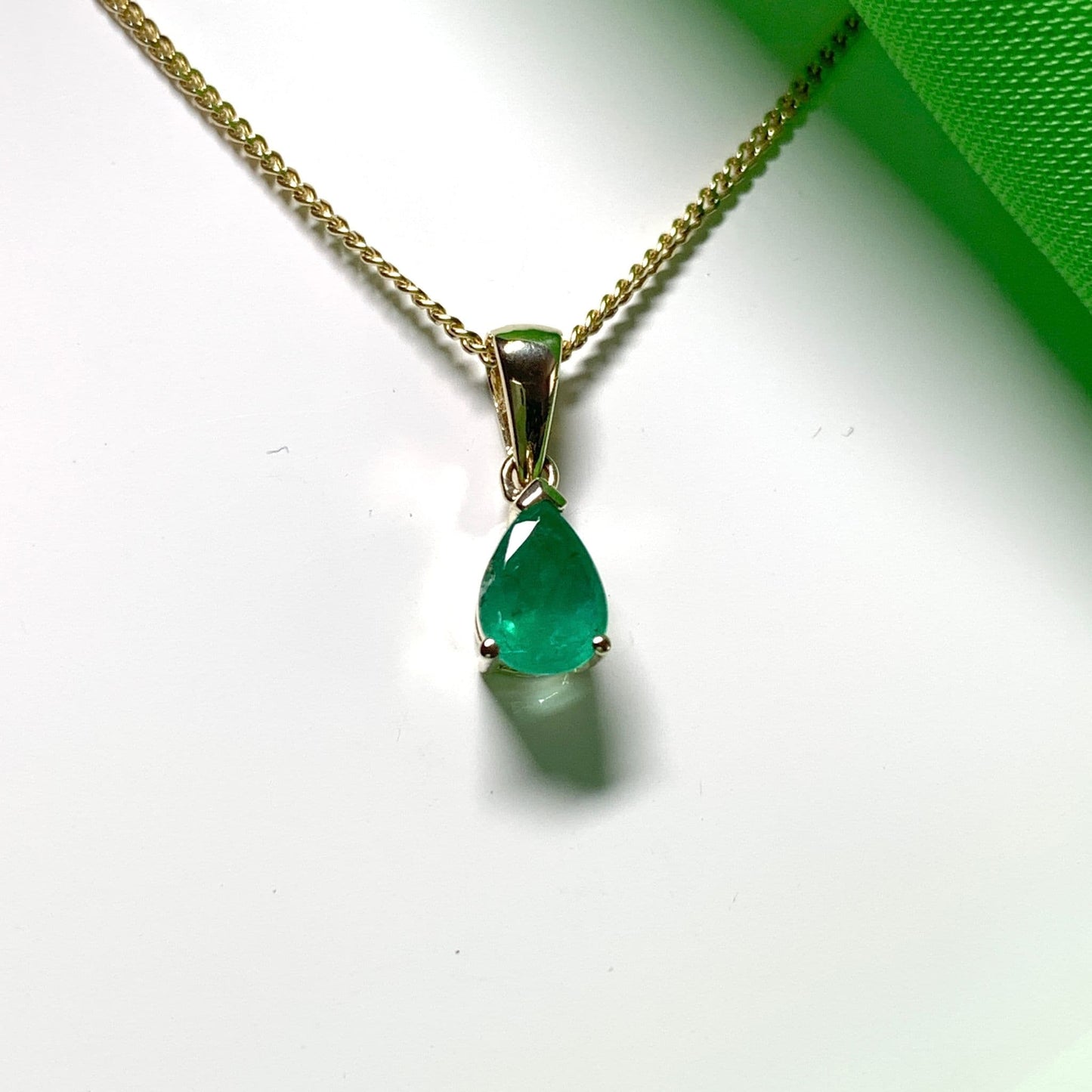 Real green emerald necklace teardrop gold pendant