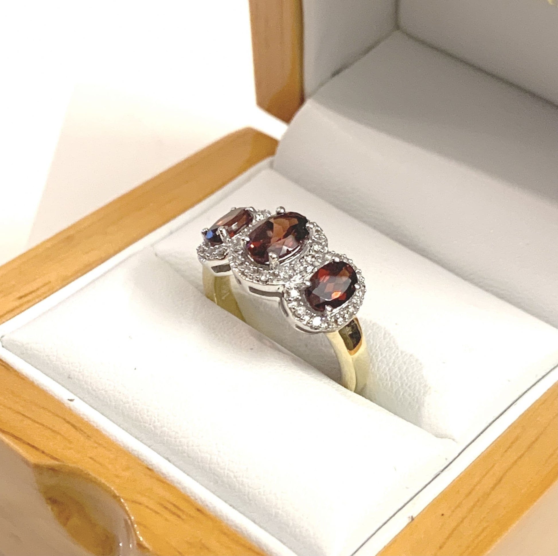 Garnet ring oval triple trilogy cluster with diamonds 18 carat yellow gold