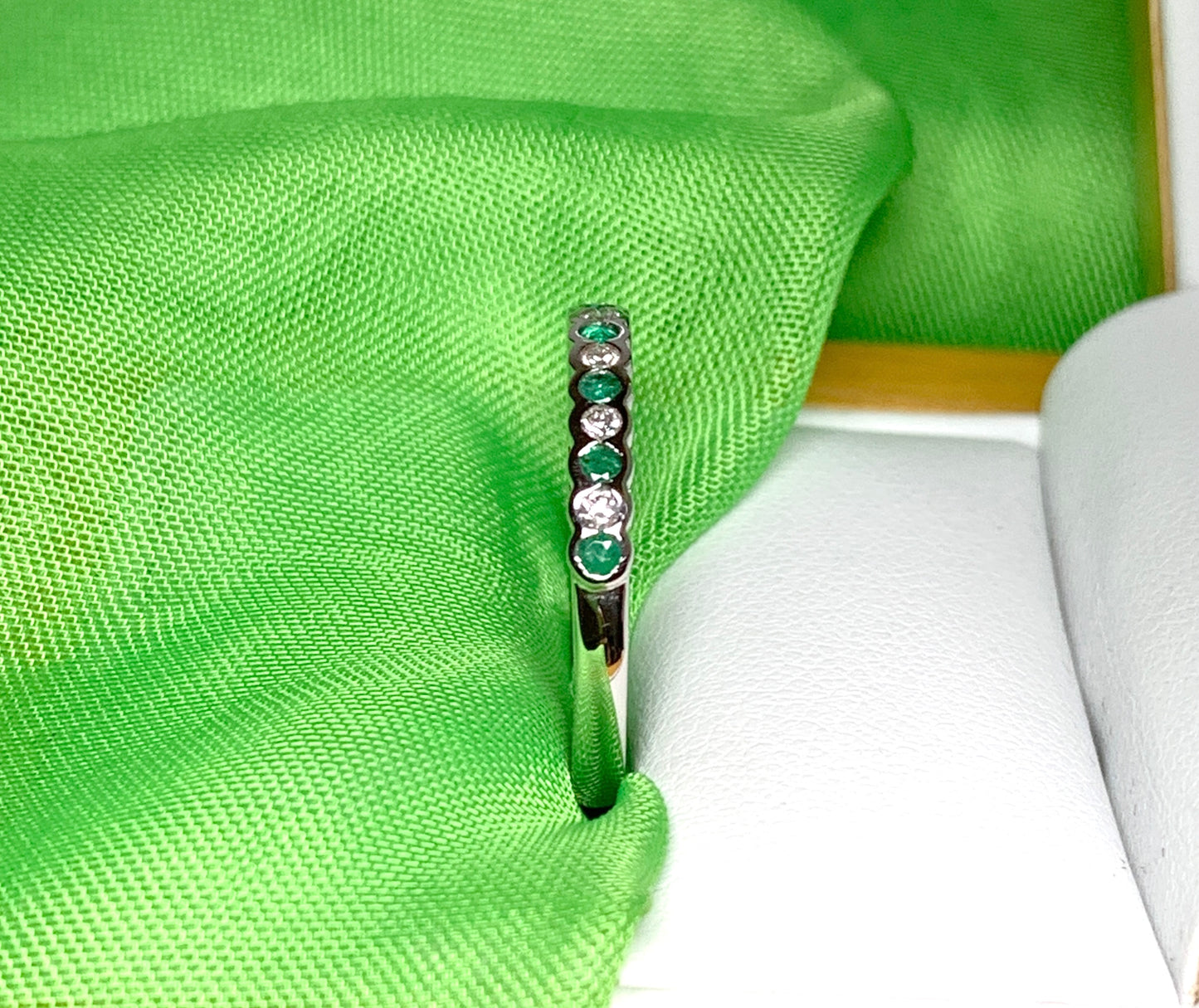 Real Green Emerald And Diamond Smooth Rubbed Over Eternity Ring White Gold