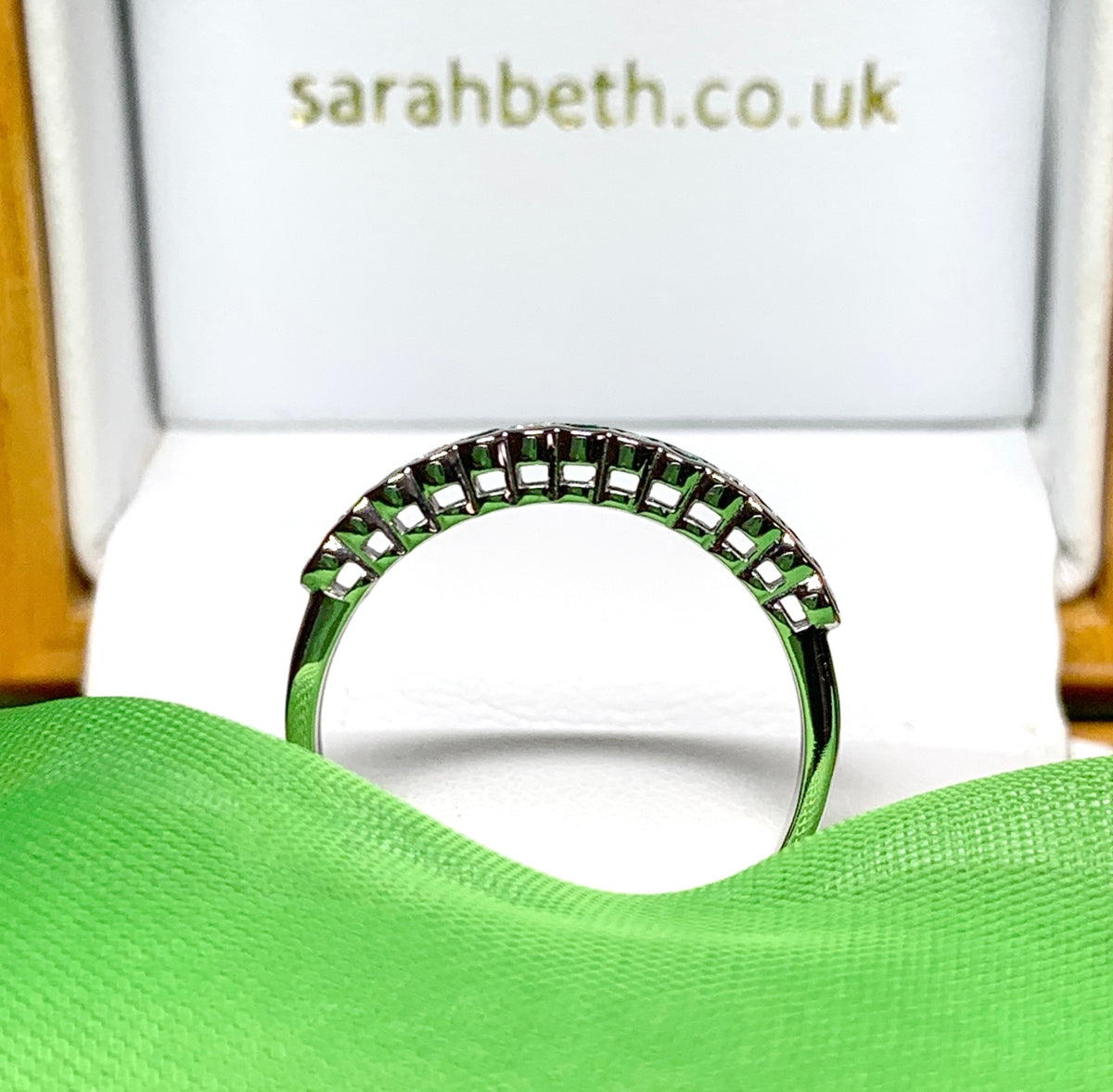 Real Green Emerald And Diamond Smooth Rubbed Over Eternity Ring White Gold