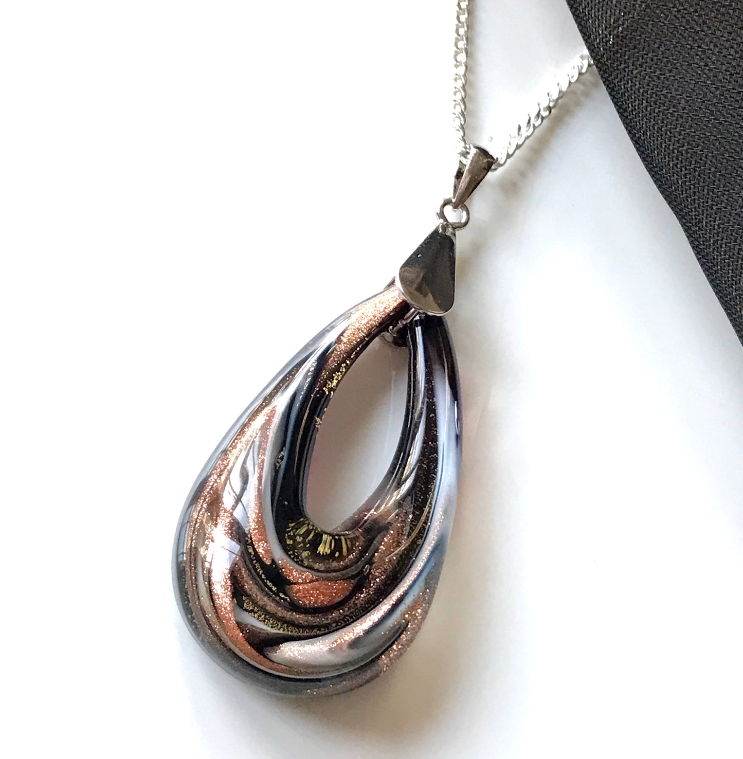 Real Murano glass necklace golden brown & black teardrop open pendant