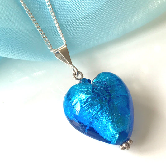 Real Murano glass heart drop necklace light blue pendant