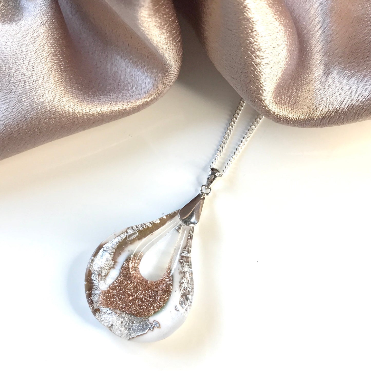 Real Murano glass necklace gold and white pendant teardrop pear shaped