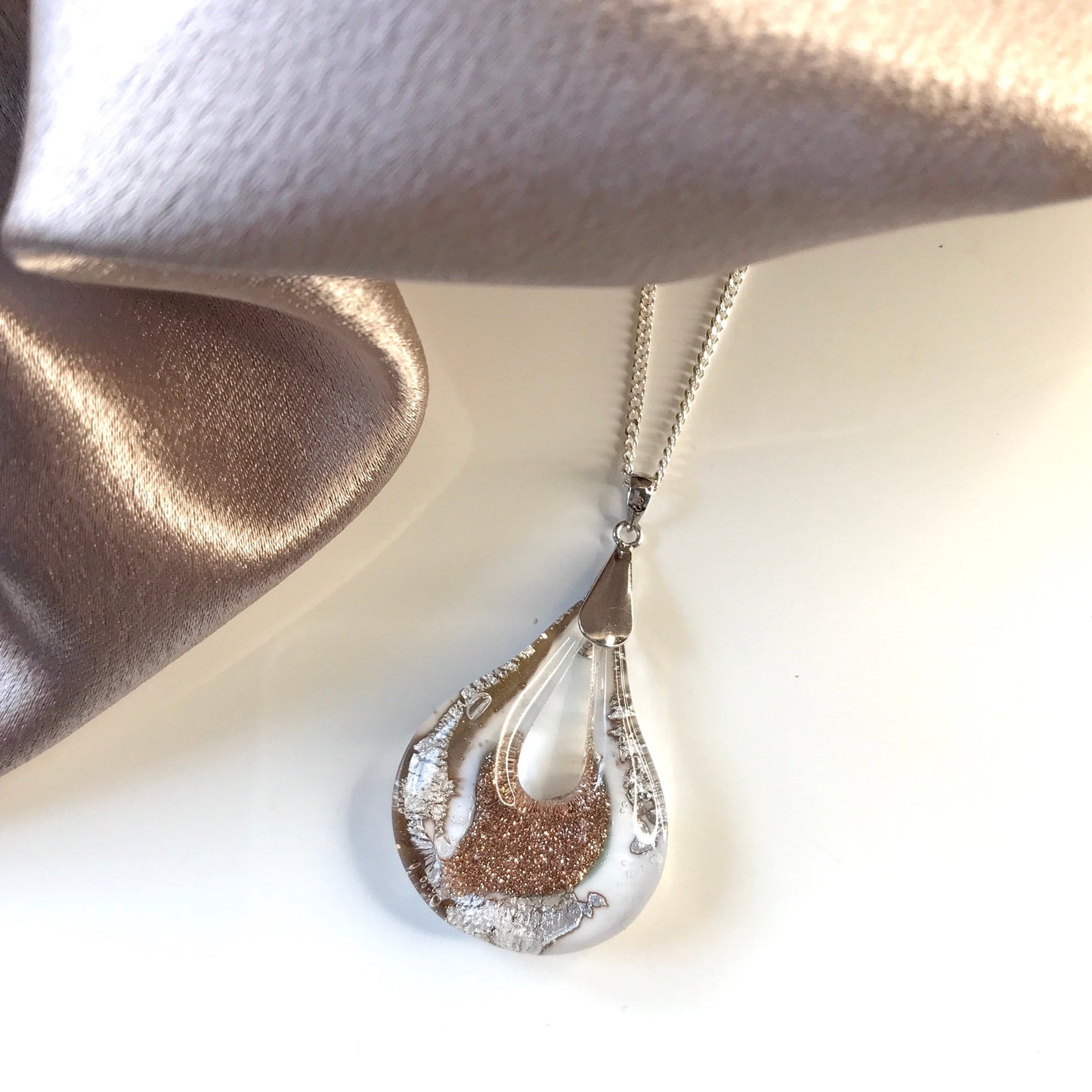 Real Murano glass necklace gold and white pendant teardrop pear shaped