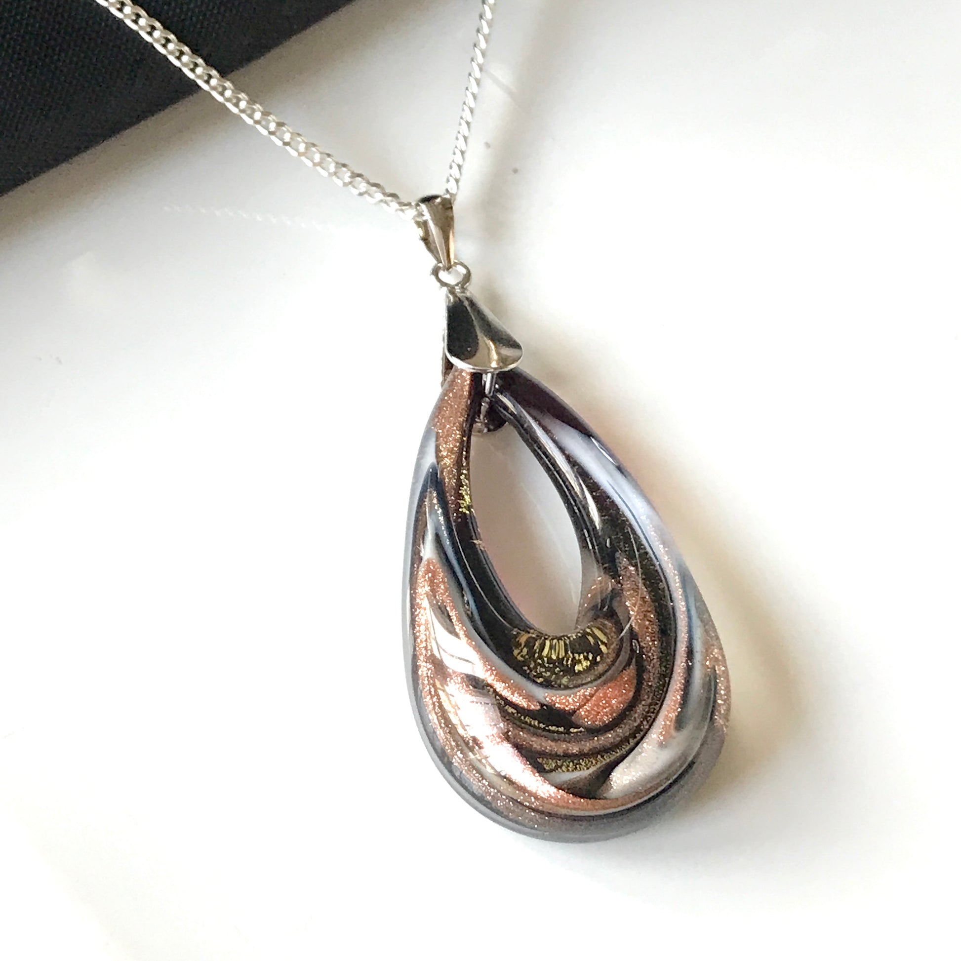 Real Murano glass necklace golden brown & black teardrop open pendant