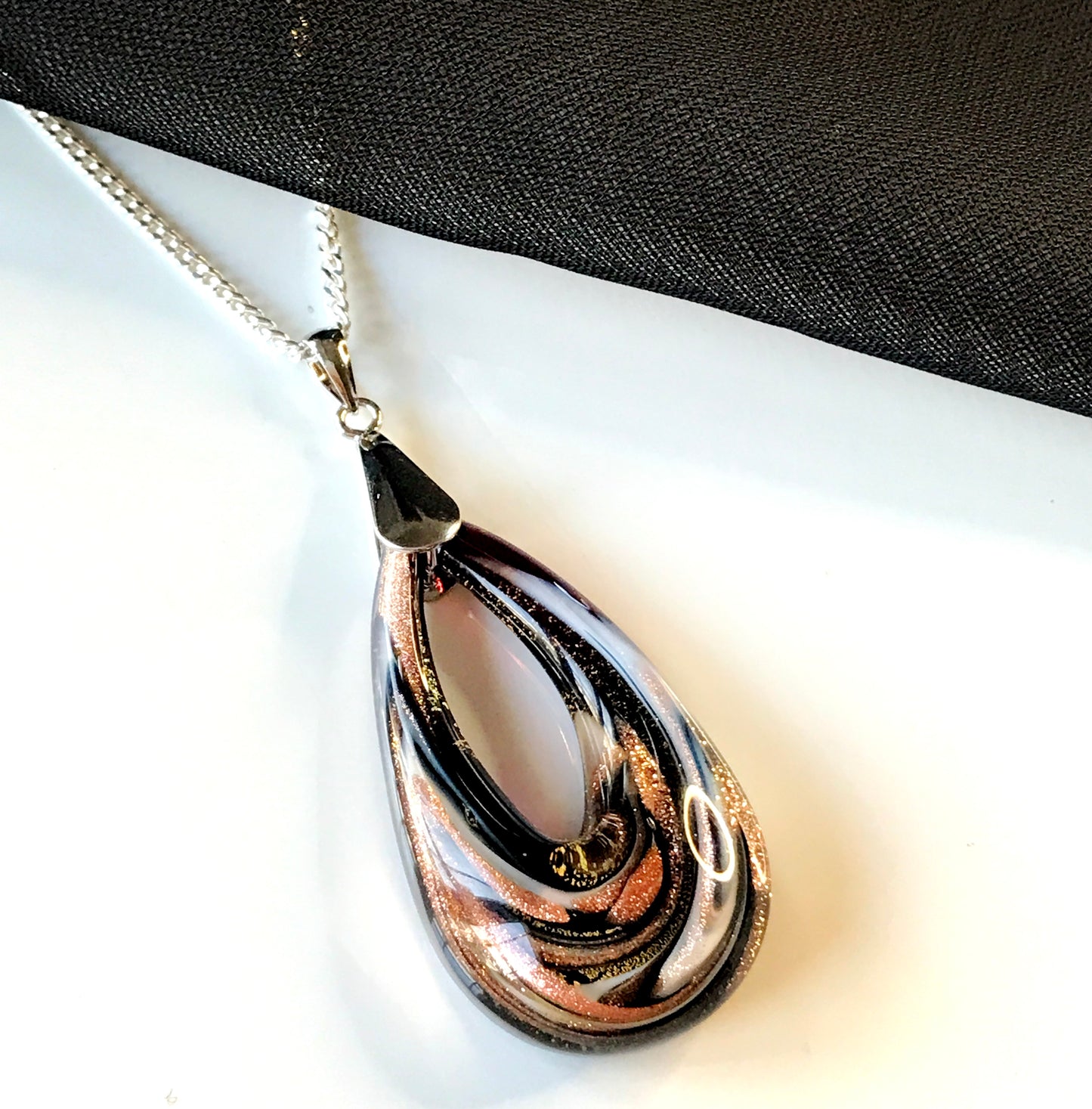 Real Murano glass necklace golden brown & black teardrop open pendant