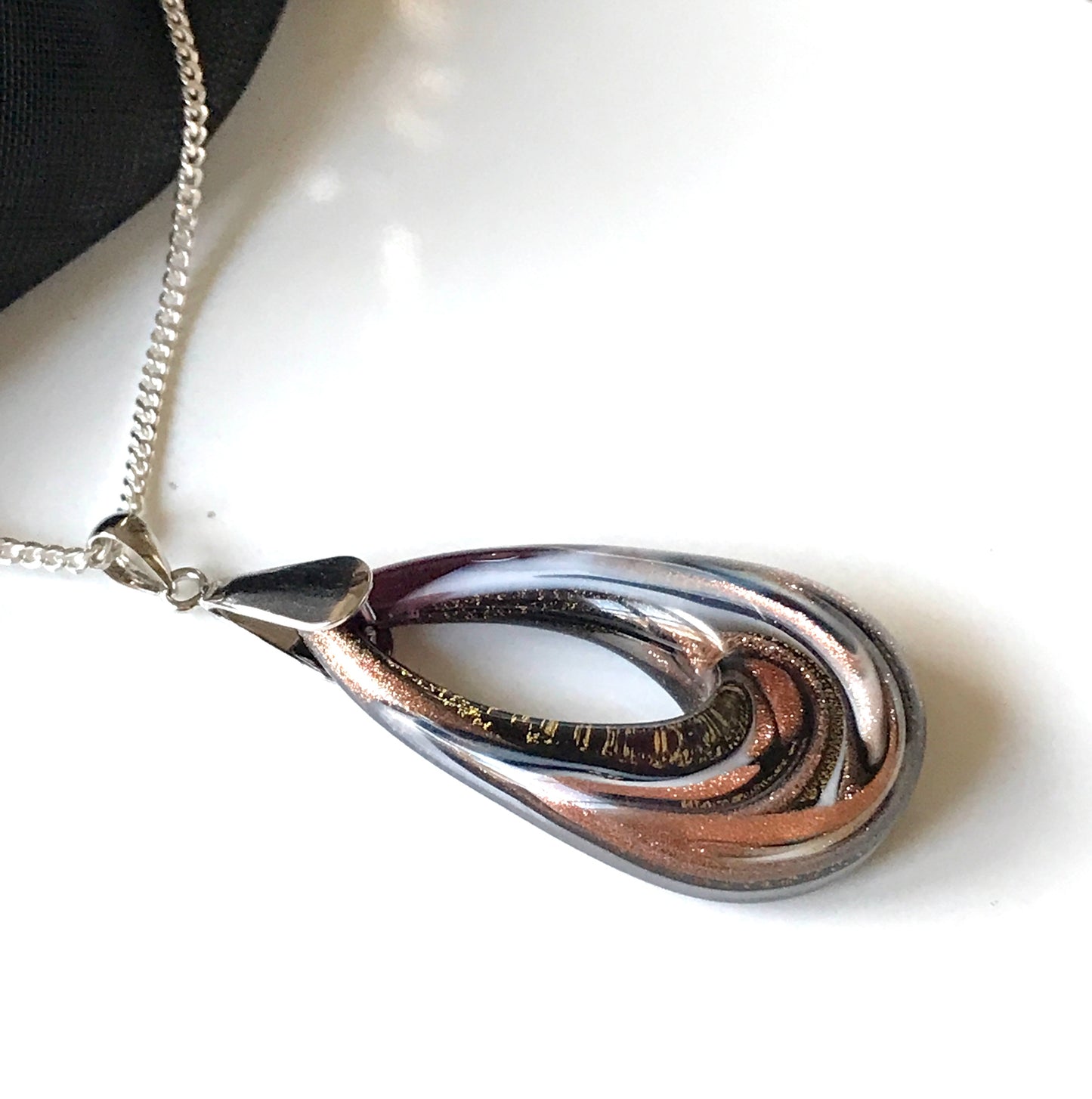 Real Murano glass necklace golden brown & black teardrop open pendant