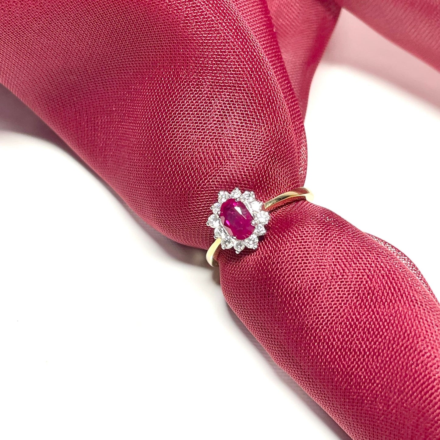 Oval Red Ruby and Diamond Yellow Gold Cluster Ring