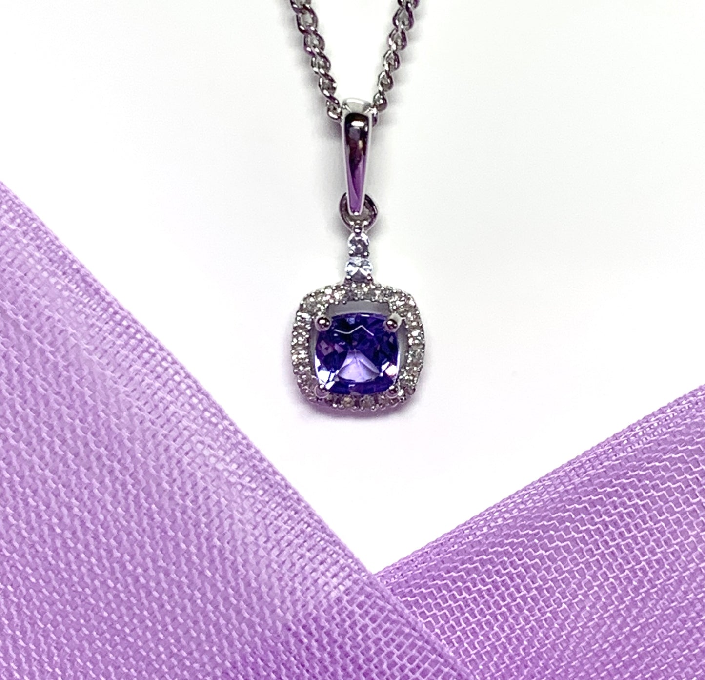 Tanzanite And Diamond White Gold Square Cluster Necklace