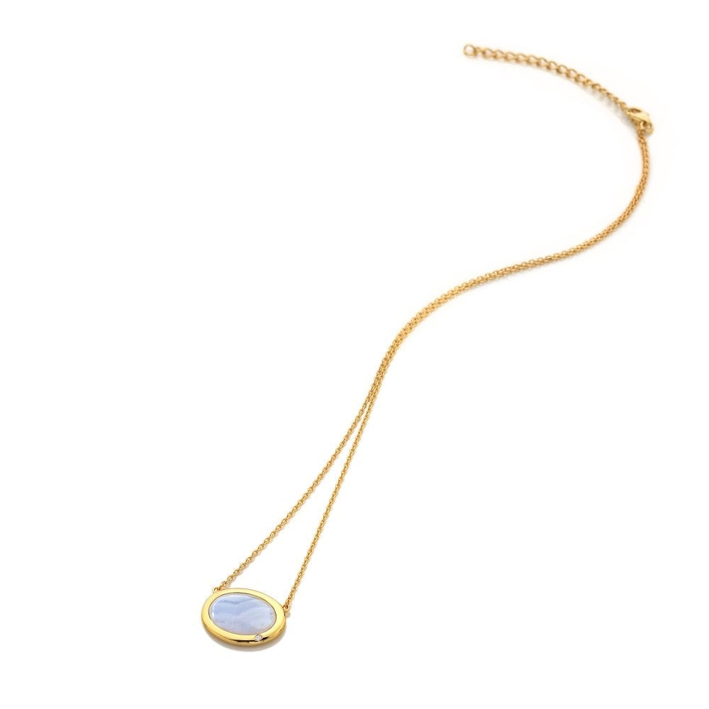 Blue Agate and Diamond Oval White Gold Plated Necklace