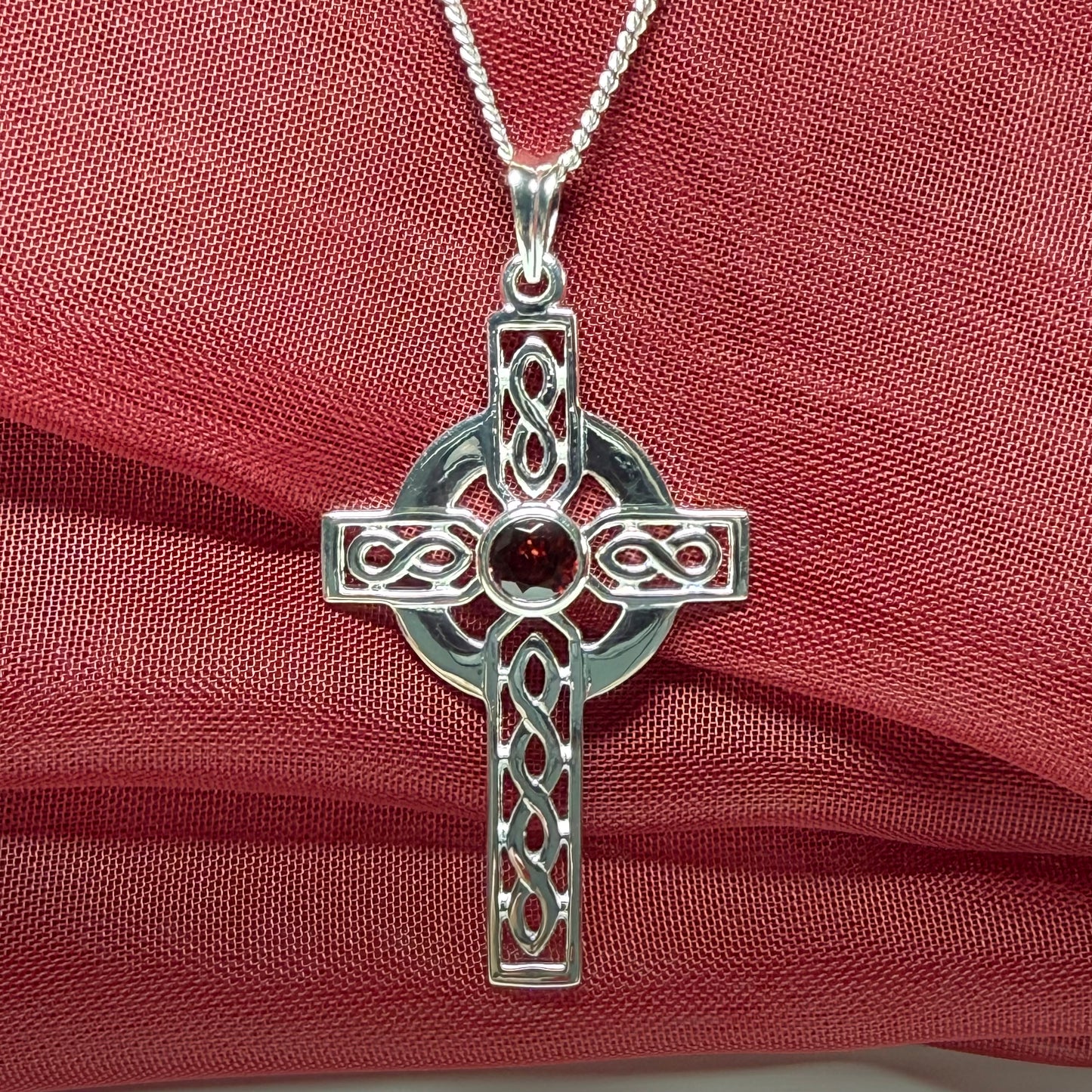 Real Garnet Sterling Silver Celtic Cross Including Chain