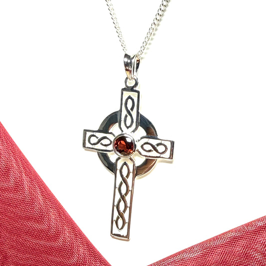 Real Garnet Sterling Silver Celtic Cross Including Chain