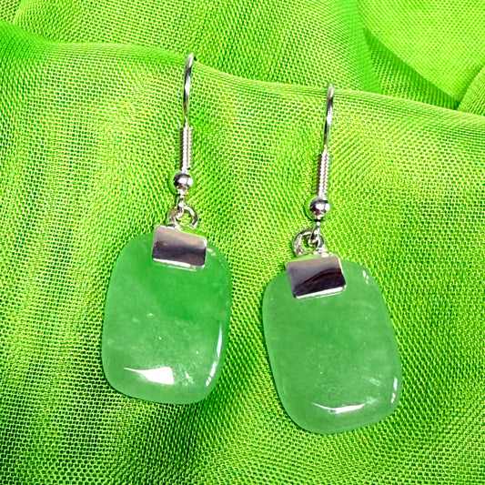 Real Green Jade Drop Earrings Sterling Silver With Cushion Shaped Stones