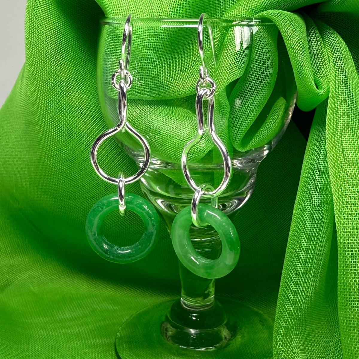 Green Jade Silver Round Double Drop Earrings