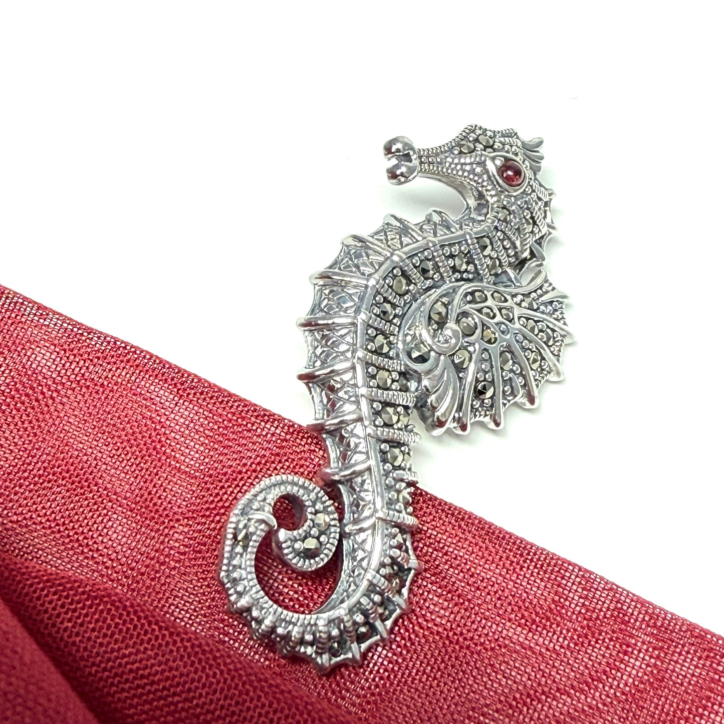 Real Marcasite seahorse sterling silver brooch real red garnet stone